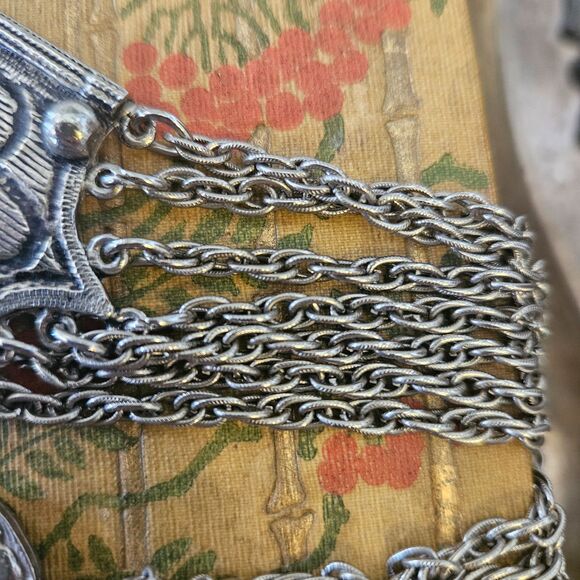 Vintage ACCESSOCRAFT Red Stone  Silver Fringe Statement Necklace Etruscan - Picture 6 of 10